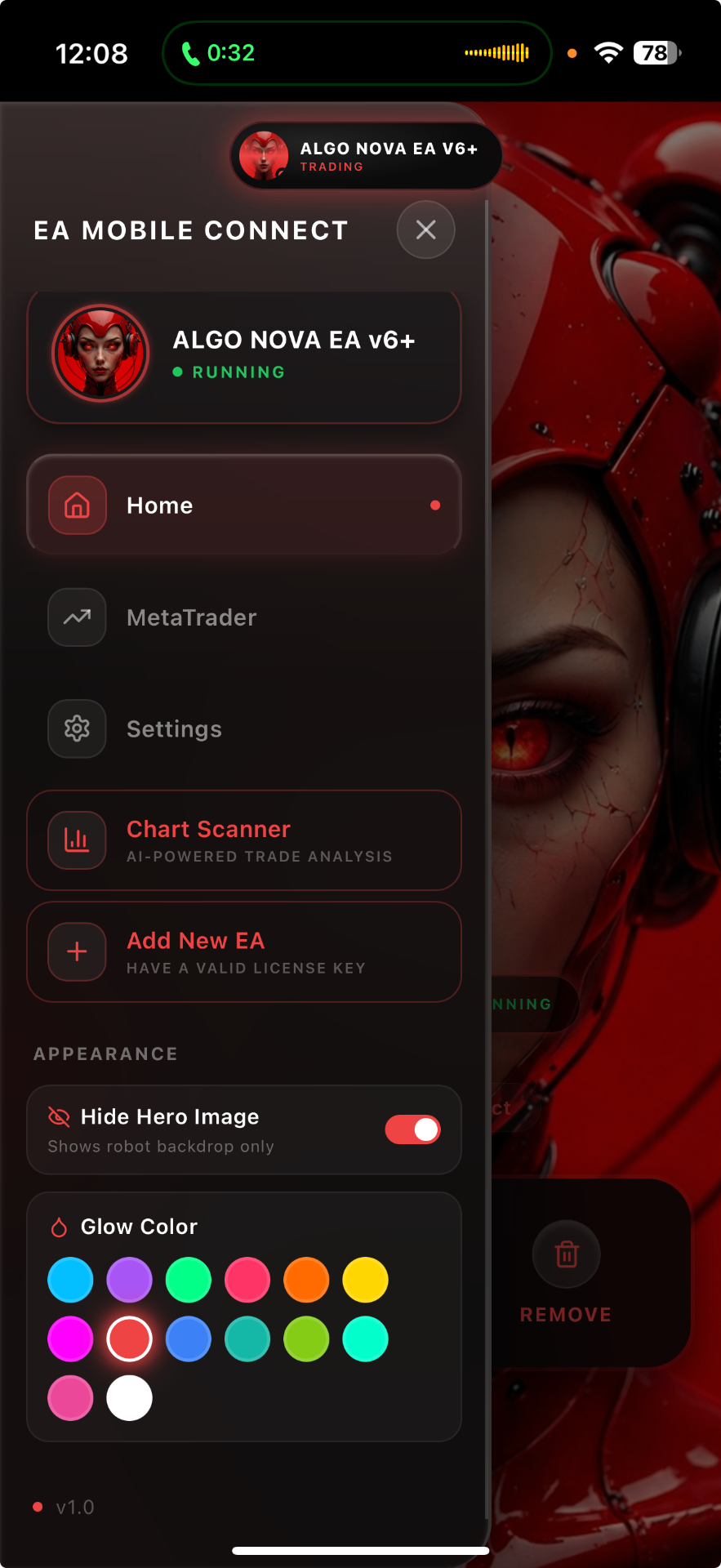 ALGO NOVA EA mobile connect menu